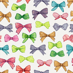 Colorful hand-drawn bows pattern with crayon texture on warm pastel background. Bright rainbow colors, seamless design, playful and cheerful style.