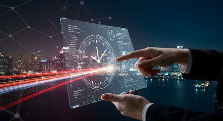Futuristic Holographic Interface with Clock and Data Over Cityscape at Night