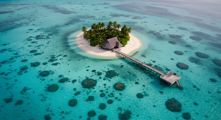 Tropical island with white sand, palm trees, and overwater bungalows in turquoise ocean