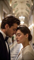 A romantic moment between a couple, sharing a tender forehead touch in an elegant, softly lit hallway.