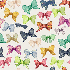 Colorful hand-drawn bows pattern with crayon texture on warm pastel background. Bright rainbow colors, seamless design, playful and cheerful style.