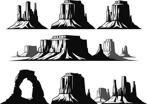 Monument Valley rock formations silhouette, desert mesa illustration, canyon landscape vector art, western nature clipart, sandstone buttes and arches design