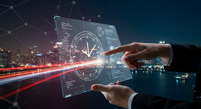 Futuristic Holographic Interface with Clock and Data Over Cityscape at Night - Powered by Adobe