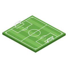 An empty green soccer field with goalposts and markings, depicted in a clean isometric vector illustration.