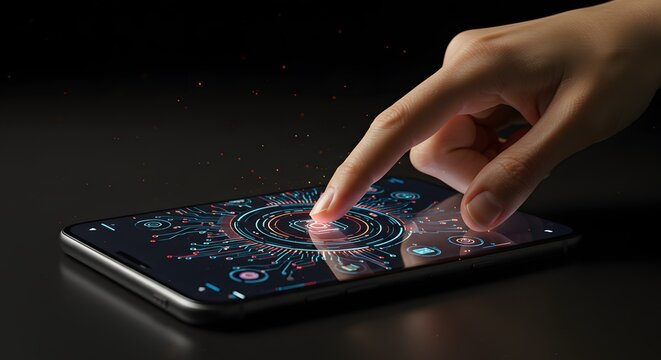 Futuristic Interface on Smartphone: Finger Touching Digital HUD with Circuitry and Glowing Particles