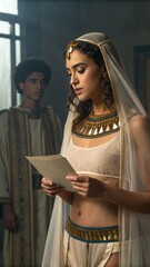 A woman in ancient attire reads a letter, while a young man observes her from the background, capturing a moment of intrigue and historical ambiance.