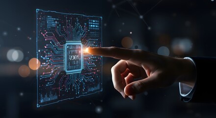 Futuristic Technology Concept: Finger Interacting with Digital Circuit Board and Microchip
