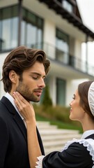A man and woman share an intimate moment outdoors, with a modern house in the background, blending romance with contemporary architecture.