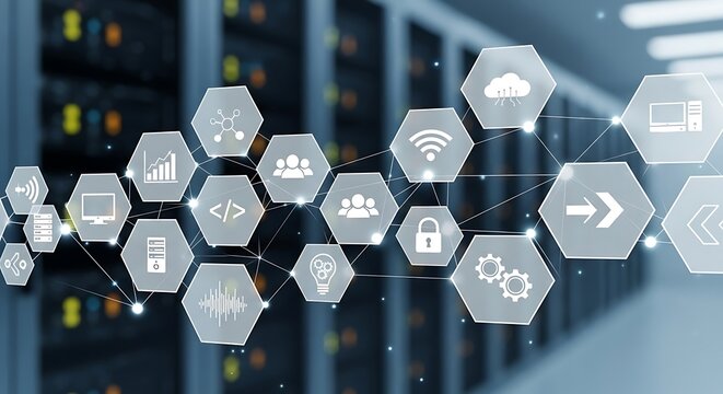 Server room with abstract technology icons overlayed, representing data and network connections.