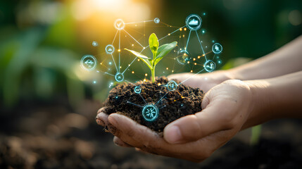 Fototapeta premium Hands Holding Soil with Sprout and Digital Network Icons Overlay