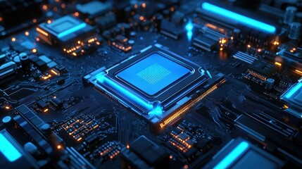 Fototapeta premium Close-up of a Blue Illuminated CPU on a Motherboard