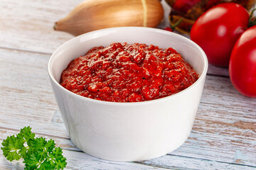 Bulgarian traditional lutenica pepper sauce