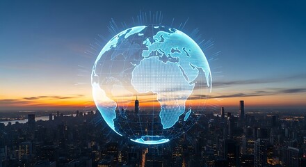 Digital globe overlayed on a cityscape at sunset, representing global connectivity and technology.