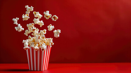Popcorn red background. Movie popcorn box flying out with red background with copy space