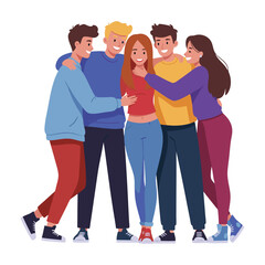 Fototapeta premium A close-knit group of five diverse young friends sharing a joyful group hug, celebrating their strong bond, community, and togetherness.