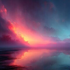 Fototapeta premium Moody Pink And Blue Gradient Sunset Over Calm Water