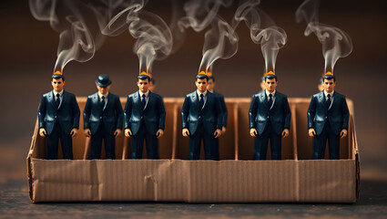 Miniature figures with smoke rising from their heads, symbolizing stress, pressure or burnout