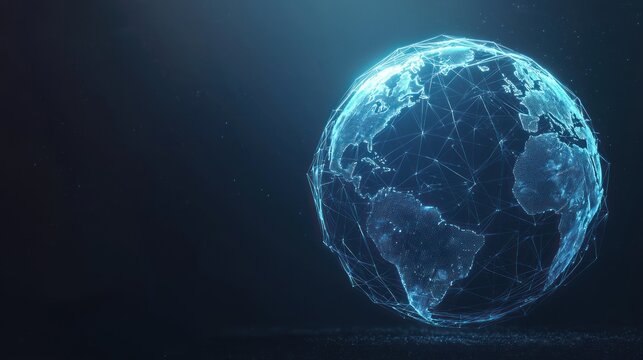 Glowing blue polygonal globe hologram on dark background. 3D Rendering
