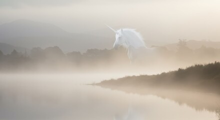Unicorn emerging from fog over a lake landscape, fantasy theme