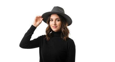 Fototapeta premium Brünette Frau – Hand am Hut, transparenter Hintergrund, PNG