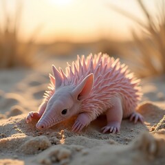 Walking Echidna Creature on Sand in Warm Sunlight