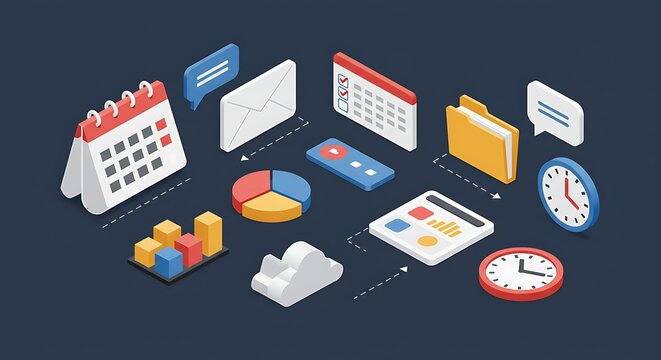 Isometric view of business data icons on a dark blue background view