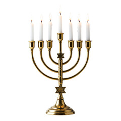 Fototapeta premium Classic gold menorah with lit candles on transparent background for Hanukkah celebration 