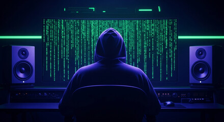 Hooded figure sits before large monitor displaying green code, illuminated in dark room with speakers, suggesting cyber security, hacking, or digital world concept