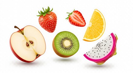 Naklejka premium Fruit Variety Display – Strawberry, Orange, Apple, Kiwi, and Dragon Fruit