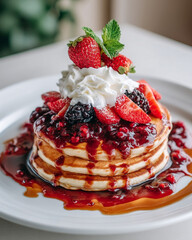 Stack of pancakes topped with berries whipped cream and syrup on a white plate