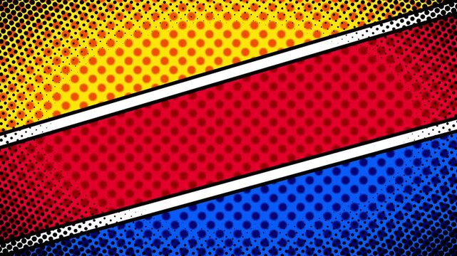 Comic background divided diagonally into bold red, yellow, and blue sections with dotted halftone, giving a retro and striking look