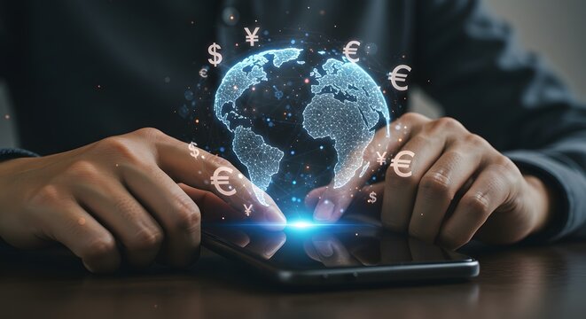 Global Finance and Business Technology Concept: Hands Using Smartphone with Digital Earth and Currency Symbols