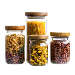 Glass Jar Set with Dry Foods Like Pasta and Beans