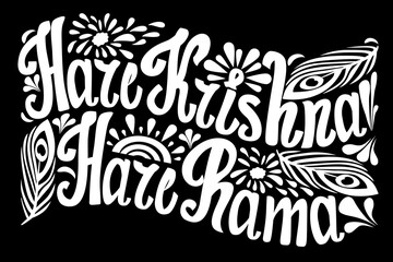 Bold calligraphy Hare Krishna Hare Rama in monochrome with floral ornaments, sunrise and peacock feathers. Minimalist vector for meditation, bhakti or mantra art projects.