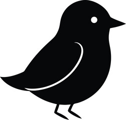 A solid black bird silhouette stands, side view, with a white eye dot, simple lines, against a stark white background, creating a minimalist, graphic design.
