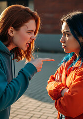 Two female teenagers arguing outdoors, with one pointing a finger and yelling at the other who stands with her arms crossed.