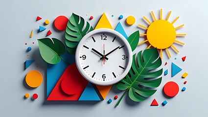 Modern Geometric Time Concept with Clock Tropical Leaves and Sun Design Elements for Creative Projects and Presentations