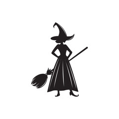 Witch with broom silhouette. Standing witch holding broom, Halloween theme