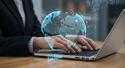 Global Technology and Business Connection: Person Typing on Laptop with Digital Earth Overlay