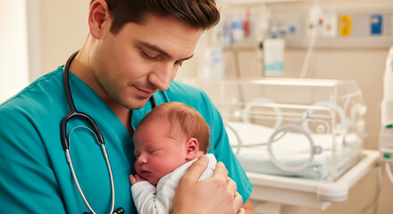 Doctor in teal scrubs gently holds sleeping newborn baby, showcasing care and tenderness in a hospital setting, representing new life and medical expertise