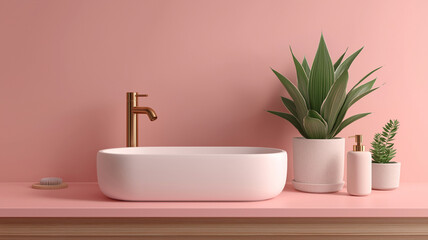 Fototapeta premium A minimalist modern bathroom sink setup with a sleek white basin, brass faucet. AI generated