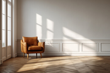 Fototapeta premium Brown leather armchair in empty room. Modern interior in minimalist style, simple home decor. AI generated.