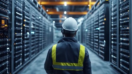 Tech worker in server room. - Powered by Adobe