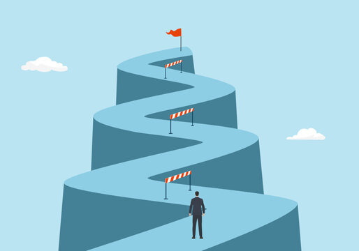 Businessman standing in front of many obstacles and barriers on the way to success. Business challenges.