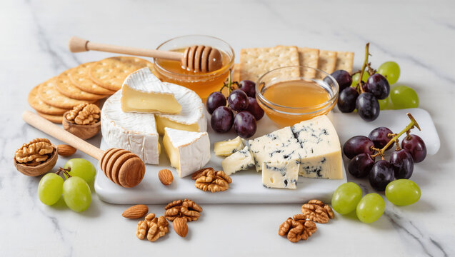 Gourmet cheeseboard with brie, blue cheese, nuts, grapes, honey dipper and crackers on a marble surface.