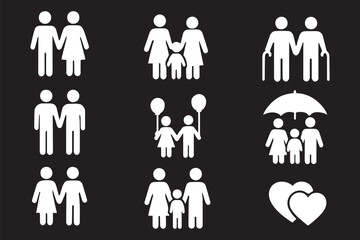 Family icons set. Containing parents, mother, father, children, baby, grandparents and household icons. Vector illustration.