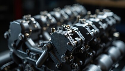 Naklejka premium Detailed close-up of internal combustion engine cylinder head assembly. Intricate metal components, valves, mechanical parts visible with shallow depth of field, focusing on precision engineering.