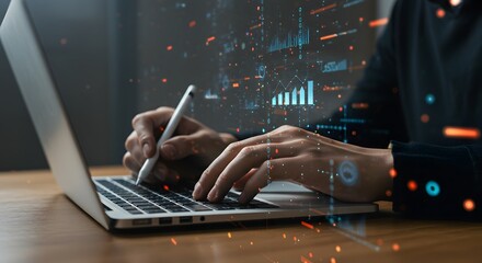 Hands Typing on Laptop with Digital Data Visualization Overlay