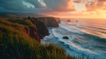 Coastal Cliffside at Sunset with Golden Light and Waves