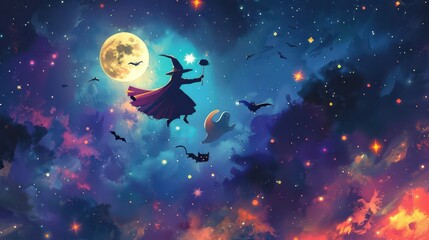 Naklejka premium Enchanting halloween night with witch and full moon magic. Horizontal banner. Watercolor illustartion